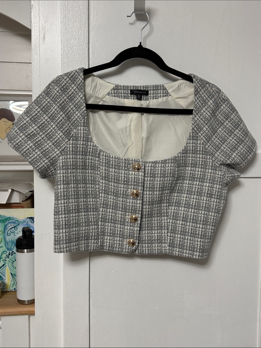 Dynamite Gray Tweed Square-Neck Crop Blouse with Gold Buttons